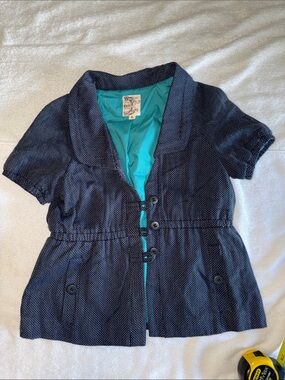 Tulle Navy Blue Dot Short Sleeve Blazer with Teal Lining